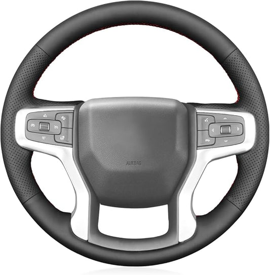 MEWANT DIY Black Genuine Leather Steering Wheel Cover for Chevy Silverado 1500/2500/3500 Suburban Tahoe Blazer