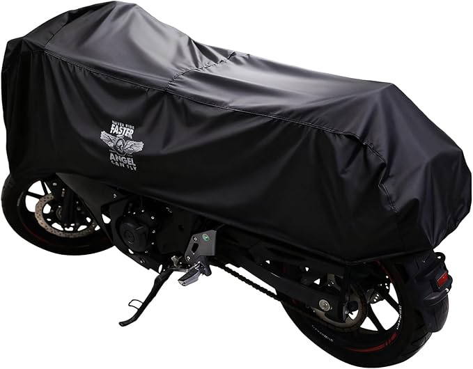 Dream Apparel Motorcycle Half Cover, Waterproof Motorcycle Cover for Outdoor, Rain Snow Dust Protection Universal Fit Heavy Duty Motorbike Vehicle Cover with Storage Bag, Black with Wing Wheel L