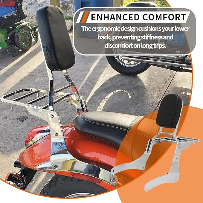 Comfortable Leather Backrest Sissy Bar + Luggage Rack Pad Compatible With Kawasaki Vulcan 900 VN900 1996-2018 (Chrome) (Chrome)