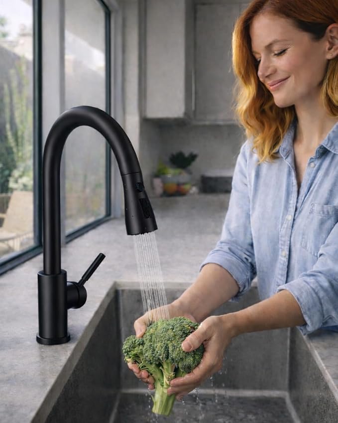 WEWE Pull-Down Kitchen Faucet, 1-Hole for Commercial, Laundry, RV Sinks | 20" Pull-Out Hose Gives Flexible Coverage, 3 Spray Modes, Lead-Free SUS304 Stainless, Tool-Free Twist-Lock