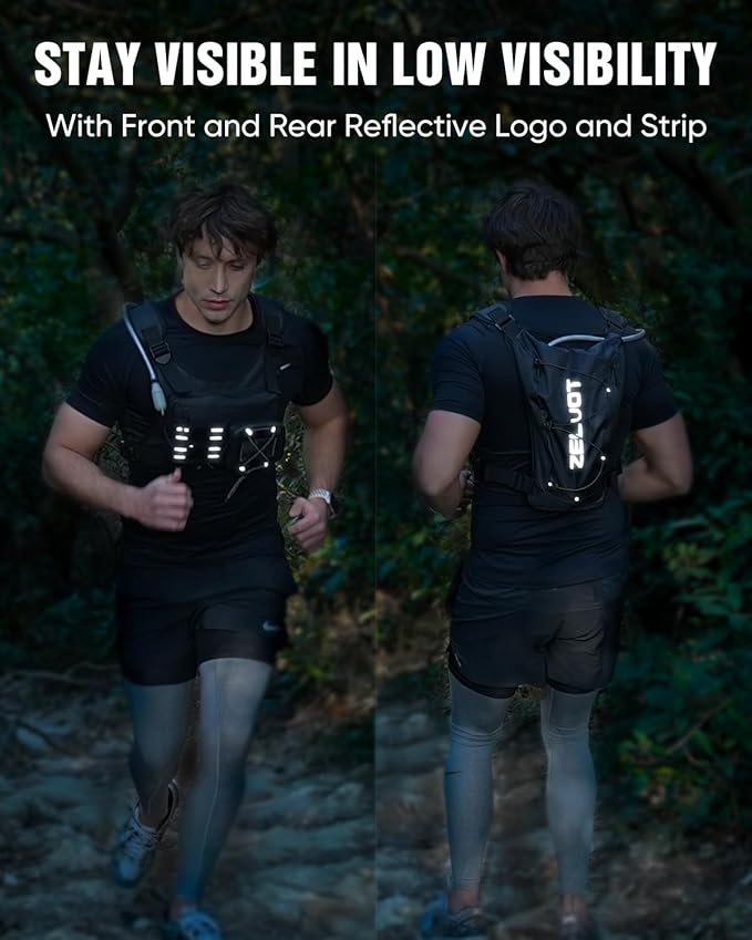 Zelvot Running Vest with 2L Water Bladder, Hydration Backpack, U.S. Design Patent, Lightweight Hydration Pack with Gear Holder, Reflective Chest Pack for Men Women