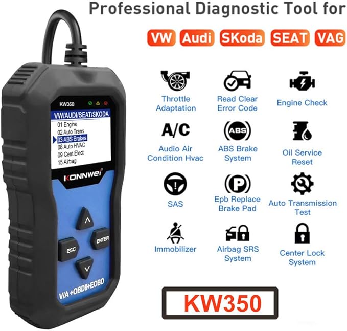 Xiangtat KW350 Full System OBD2 Diagnostic Scanner for VW Audi Skoda Seat Code Reader Automotive Check Engine Light EPB ABS SRS OBDII Scan Tool Oil Throttle Position Brake Reset Tool (KW350)