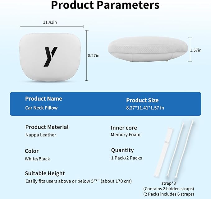 Nappa Leather Car Neck Pillow for Tesla Model Y Model 3 Juniper/Highland Headrest Pillow Memory Foam Ergonomic Design Breathable Height Adjustable Accessories (White-2 pcs-Y)