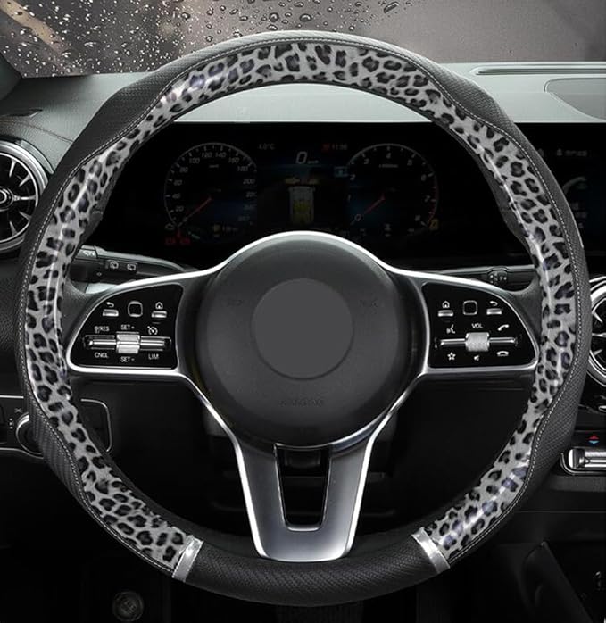 Peach Wood Grain Steering Wheel Cover Anti-Slip Breathable Durable Leather Four Seasons Universal 15 Inch Car Wrap Cover (Leopard-Gray)