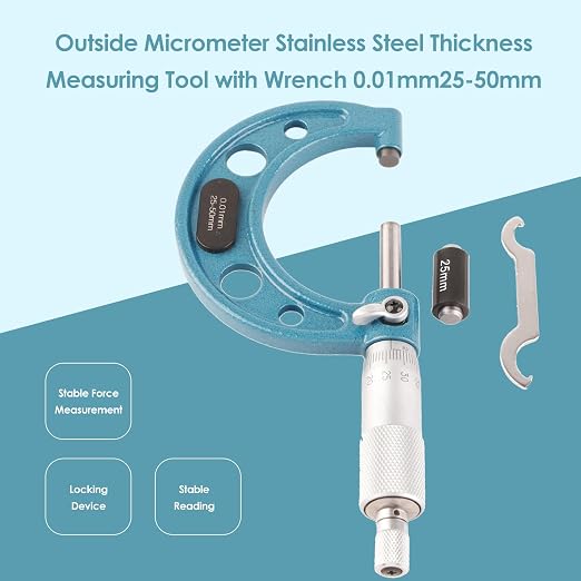 Walfront Outside Micrometer Outer Diameter Micrometer Micrometers Tool Measurement for Metric Thickness Outside Micrometers (25-50mm)