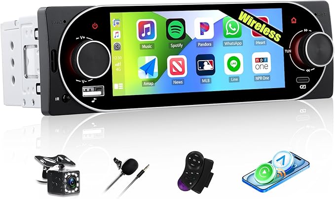 Single Din Touchscreen Car Stereo with Wireless Carplay&Android Auto,5.1" Car Radio MP5 Player with Bluetooth FM Radio EQ Car Audio with USB/Type-C SWC+Backup Camera