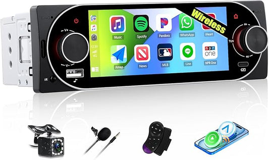 Single Din Touchscreen Car Stereo with Wireless Carplay&Android Auto,5.1" Car Radio MP5 Player with Bluetooth FM Radio EQ Car Audio with USB/Type-C SWC+Backup Camera