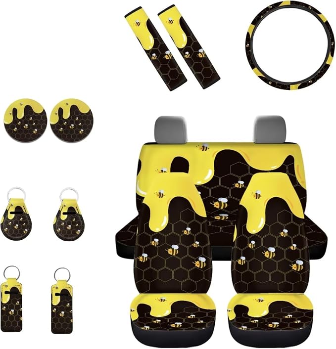 INSTANTARTS Cartoon Honey Bee Print Auto Front Seat Cover Set Keychain Lipstick Cover Steering Wheel Cover Seat Belt Cover Coasters 13 Piece Car Accessories