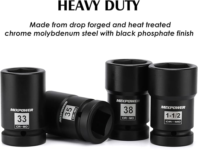 MIXPOWER 5PCS 1" Drive Truck Combination Budd Wheel Impact Socket Set, 33mm, 35mm x 17mm, 1-1/2" x 13/16", 38mm x 20mm, 41mm x 21mm