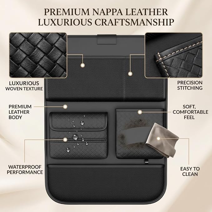 Premium PU Leather Car Seat Back Organizer with Foldable Tray & Transparent Touch Screen Tablet Pouch, Travel Accessories with Storage Bin, Cup Holder, Tissue Pocket, Hook, Fit SUV Sedan Truck (Beige)