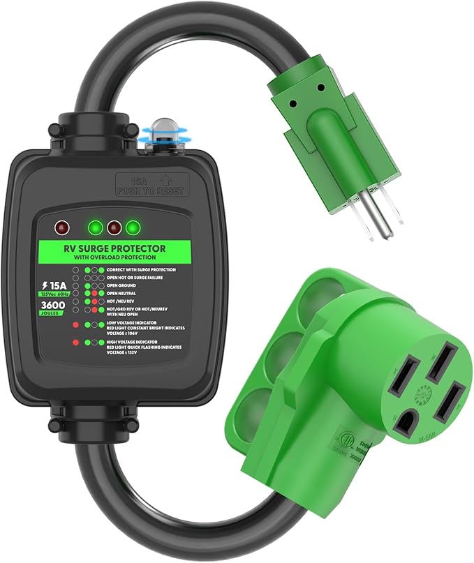 RVGUARD Surge Protector 50 Amp to 110 Volt RV Adapter Cord with Overload Protection, NEMA 5-15P to NEMA 14-50R Electrical Power Adapter, 2 Feet, Green, ETL Listed