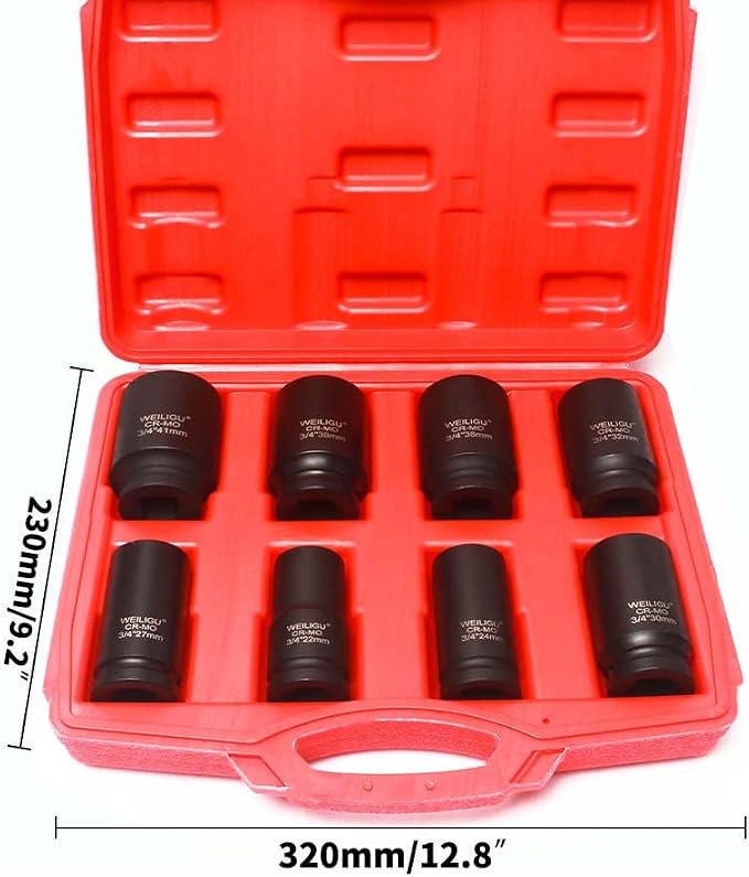 8-Piece 3/4” Drive Socket Sets with Case Metric 22, 24, 27, 30, 32, 36, 38, 41mm Deep Impact Socket Set