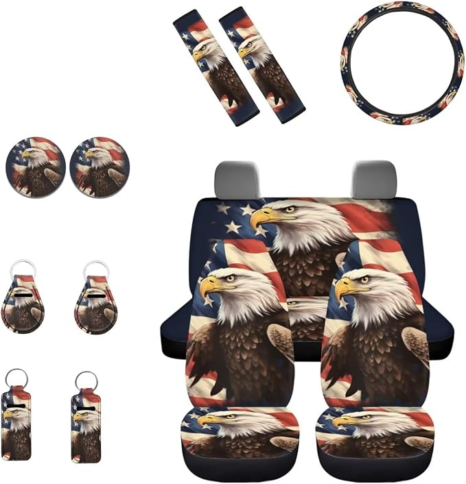 INSTANTARTS American Flag Eagle Patriotic Car Front Rear Bench Seat Protector Covers 13 Pieces Set Seatbelt Pads, Steering Wheel Cover, Auto Coasters, Keychain, Key Ring Chapstick Holder