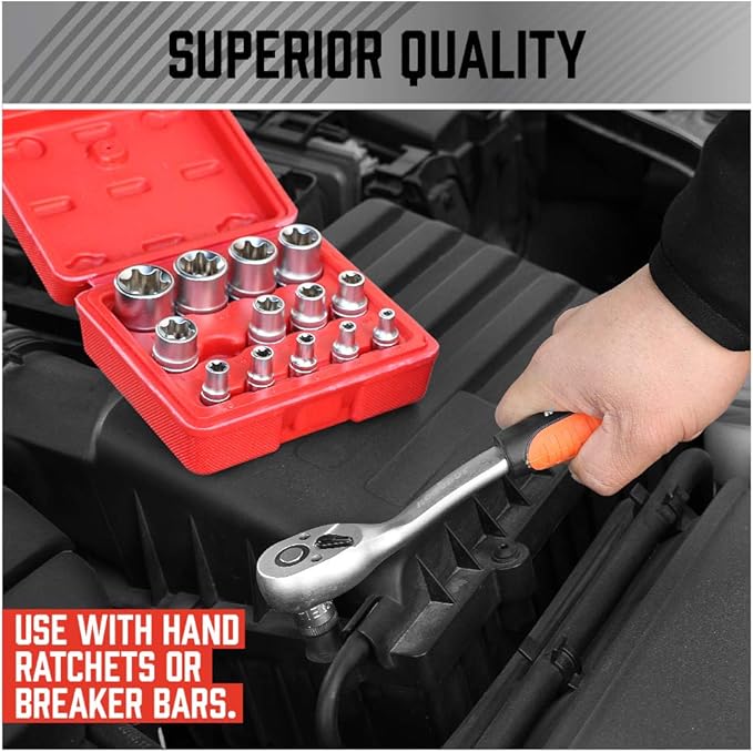 SEDY 14-Piece E-TORX Socket Set - Premium Female Torx Socket Set, Ultimate Torque Star Sockets, External Torx Sockets, E4 E5 E6 E7 E8 E10 E11 E12 E14 E16 E18 E20 E22 E24