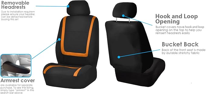 FH Group Automotive Seat Covers Unique Flat Cloth Orange Full Set, Combo Steering Wheel Cover and Seat Belt Pads Rear Solid Bench Universal Fit for Vans Cars Trucks and SUV Interior Accessories