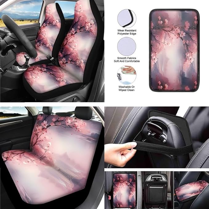 Cherry Blossom Hand Drawing Car Seat Cover Full Set 13 Pcs Front Back Seat Cover Pink Flower Art Painting Steering Wheel Cover,Seatbelt Pad Keychain Coaster