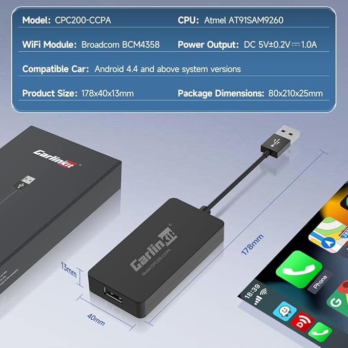CarlinKit Wireless CarPlay Adapter USB, for Android car radios with Android System 4.4.2 or Above, The APK Must be Successfully Installed Before Using USB,Screen Mirroring, Google Maps etc