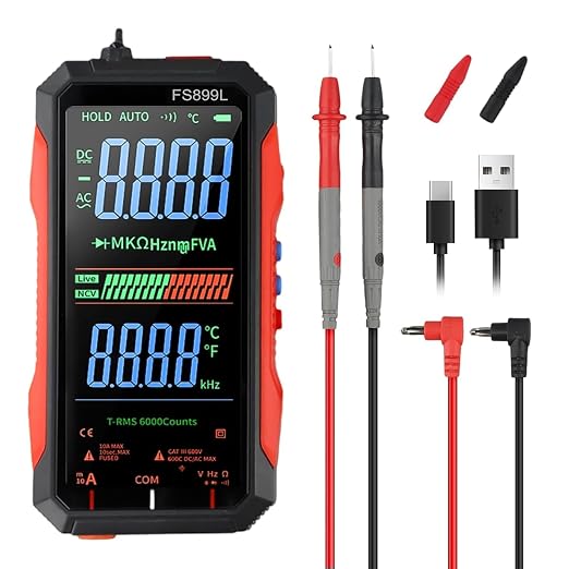Digital Multimeter Tester Rechargeable Smart Digital Multimeter USB-C Charging True RMS Electrical Tester AC DC Voltage Current Tester with Large Display for Industrial Electrical Issues(FS899L)