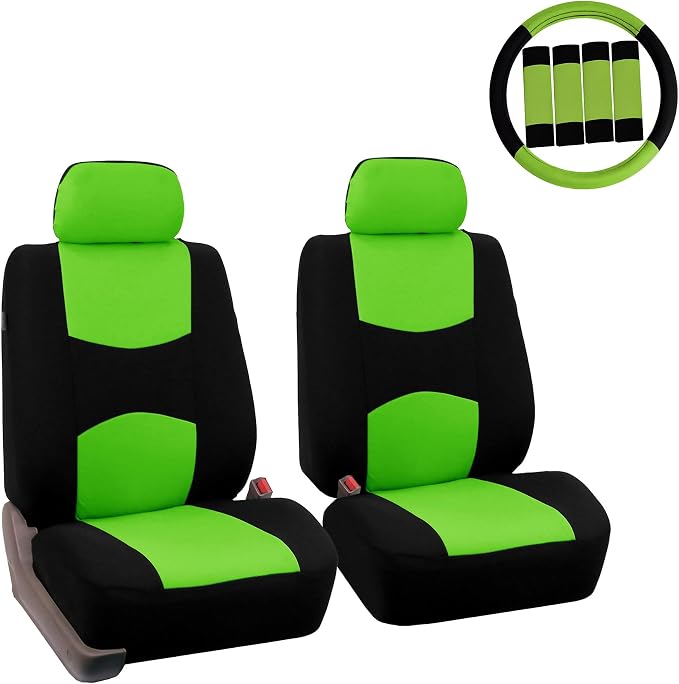 FH Group Car Seat Covers Flat Cloth Front Seats Only Green Automotive Seat Cover, Airbag Compatible Universal Fit Interior Accessories Cars Trucks SUV Combo Steering Wheel Cover & Seat Belt Pads