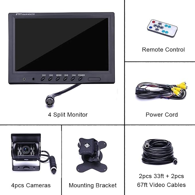 Camecho Vehicle Backup Camera 9 Inch 4 Split Monitor+ 4 Cameras with Front & Rear View Camera 18 IR Night Vision Waterproof Auto Camera with 2x33 ft and 2x65 ft Cables for RV, Trailer, Bus,Trucks