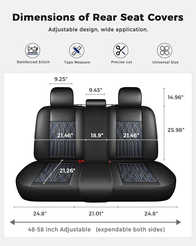 Huidasource Back Seat Covers, Waterproof Leather Rear Split Bench Car Seat Cover, Vehicle Seat Cushion Cover Protector Universal Fit for Most Cars Sedan Pickup Truck SUV(Back Row/Black&Blue)