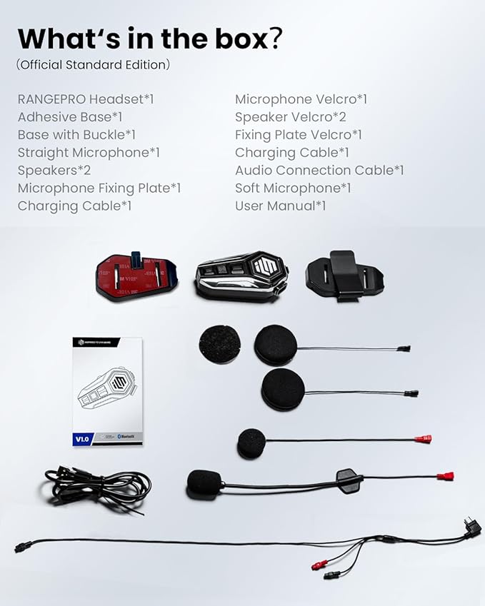 ILM Motorcycle Bluetooth Headset Helmet Communication System 2100M Intercom IP67 Waterproof Noise Cancellation Model RANGEPRO Gray