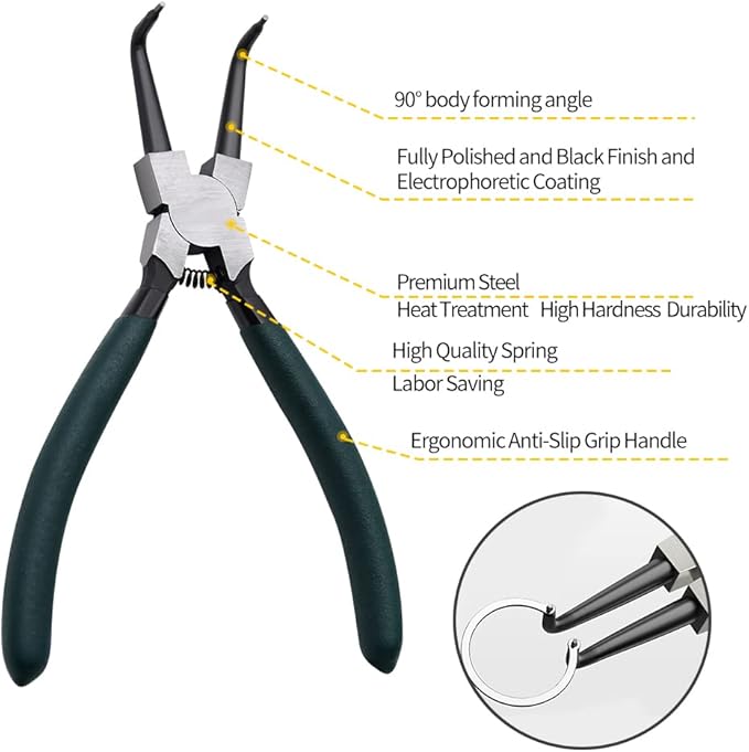 Snap Ring Pliers Set, 2pcs 7" Internal/External Circlip Pliers Kit with Bent Jaw, Heavy Duty Precision Spring Loaded Pliers for Ring Remover Retaining and Remove Hoses, Gaskets