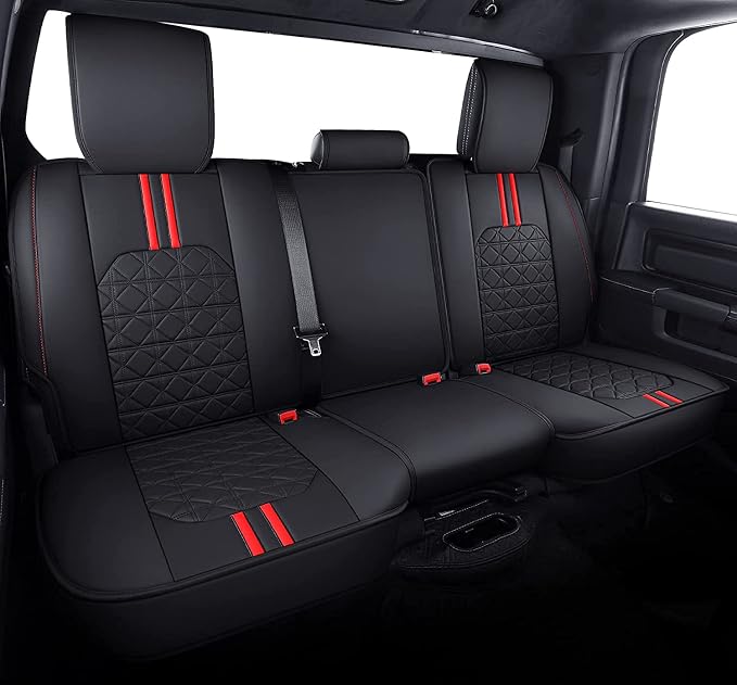 YIERTAI RAM Seat Covers Fit for 2009-2023 2024 2025 2026 1500HD 2010-2026 2500/3500HD Pickup Rear Seat Cover Crew Double Cab Quad Cab Waterproof Faux Leather Seat Covers(1 Rear Seat Cover/Black-Red)