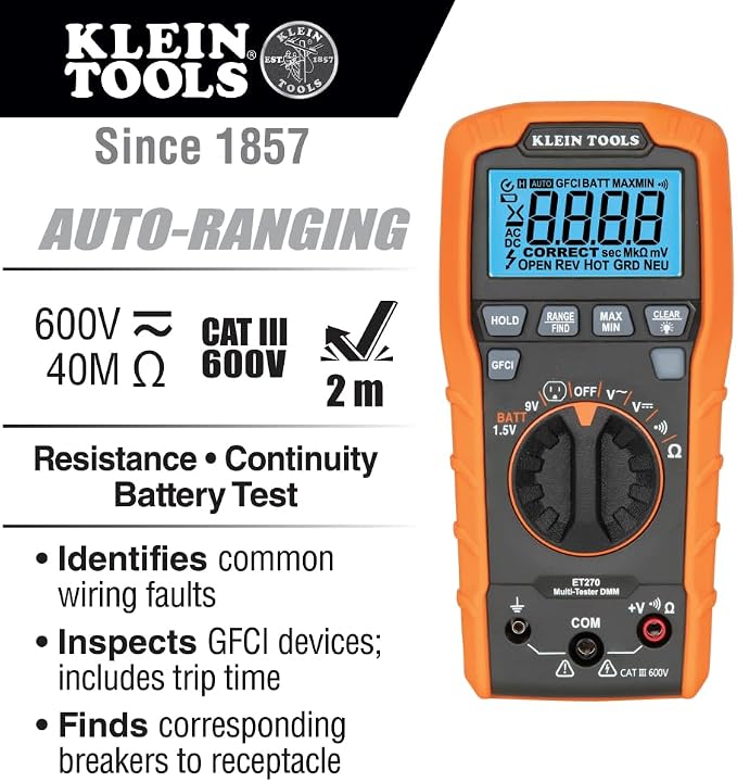 Klein Tools ET270 Auto-Ranging Digital Multi-Tester, AC/DC, Resistance, Continuity & RT250 GFCI Outlet Tester with LCD Display, Electric Voltage Tester for Standard