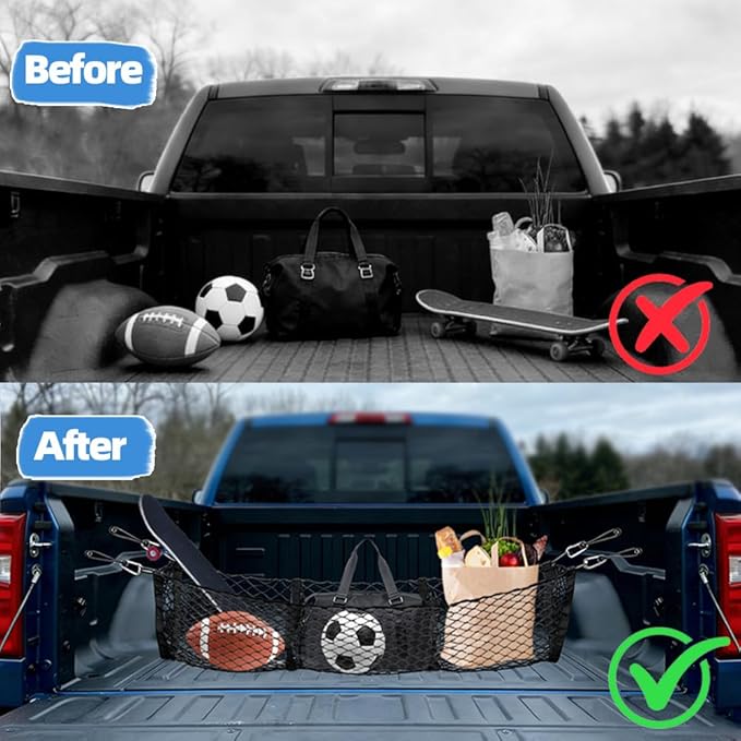 3 Pocket Truck Bed Cargo Net, Heavy Duty Truck Bed Storage Organizer with Super-Stretch Elastic,Universal Cargo Netting for Pickup Trucks SUV RV – Fits Ford F-150 Toyota Tacoma Chevrolet Silverado