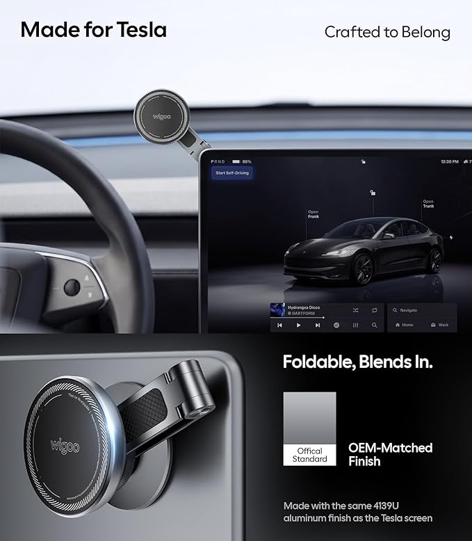Wigoo Tesla Phone Mount [OEM-Style, Strongest Magnet] 360° Rotation Foldable Hidden Phone Holder for Tesla Model 3/Y/X/S, for Magsafe iPhone 17-12 Series, Tesla Model Y Model 3 Accessories