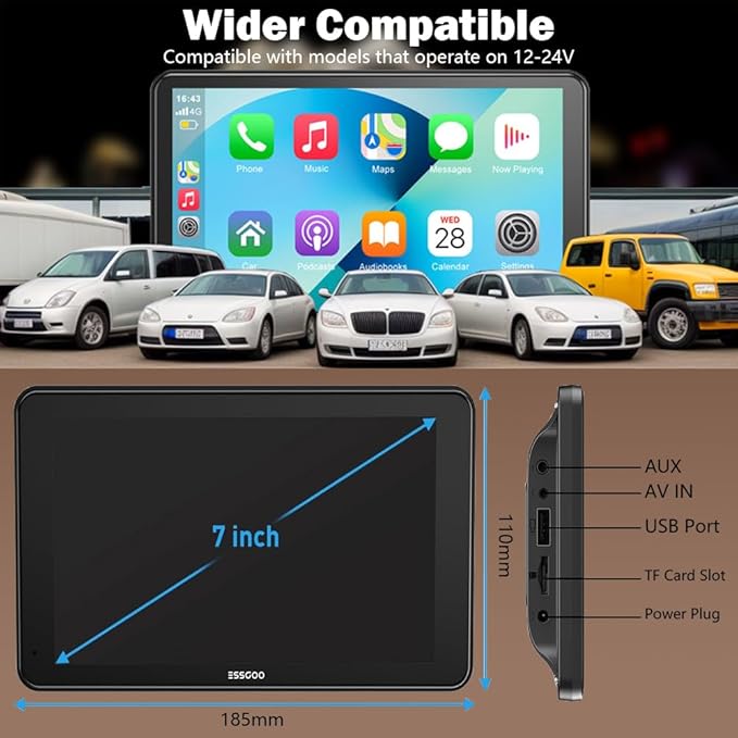 Wireless Carplay Screen for Car 7" Portable Apple Carplay & Android Auto Car Stereo with Backup Camera, GPS Navigation/Mirror Link/Voice Control Siri/Bluetooth FM, AUX for All Vehicles