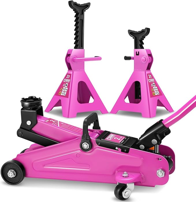 Low Profile Hydraulic Trolley Service/Floor Jack Combo with 2 Ratchet Jack Stands, 2 Ton (4000 lbs) Capacity, Lifting Range 11"-17", CAAP-TOLS-FJK-Set-PR