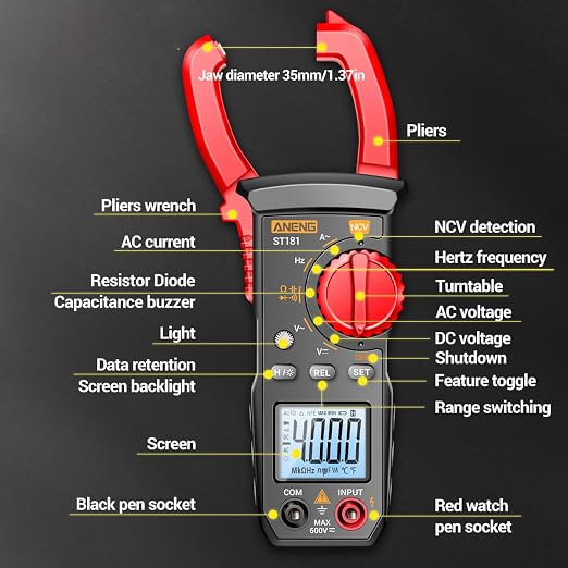 Multimeter with Clamp Meter,4000 Counts Amp Voltmeter & 2000 Counts Multi Tester,AC DC Voltage,Current,Resistance,Capacitance,NCV,Diode, Backlight LCD for Household Outlet Automotive Battery Test
