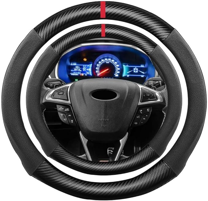 Suede Carbon Fiber Steering Wheel Cover, 15 inch Soft Suede Touch Leather Sport Non-Slip Automotive Interior Accessories 15 inch Universal Design for Men Women