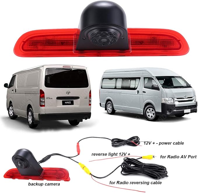 HD Brake Light Roof Rear View Reversing Camera Parking Aids with Angle Adjustable Compatible with Toyota Commuter Hiace H200 MK5 Van LWB TRH KDH Tailgate Transporter (Camera+7'' Rearview Mirror)
