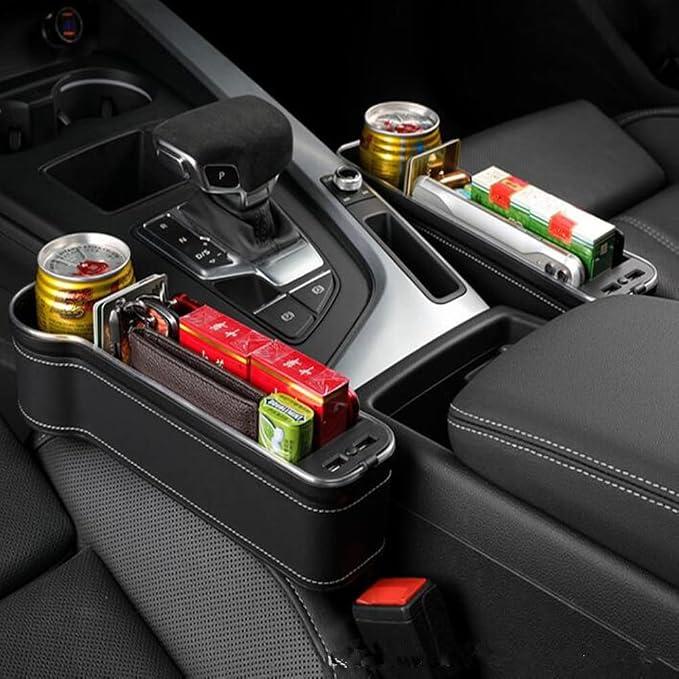 Tumecos Car Seat Gap Organizer with Light Multifunctional with Small Cup Holder Car Seat Organizer Car Seat Gap Filler with 2 USB Super Fast Charge Ports(Black, Driver and Passenger’s Side)