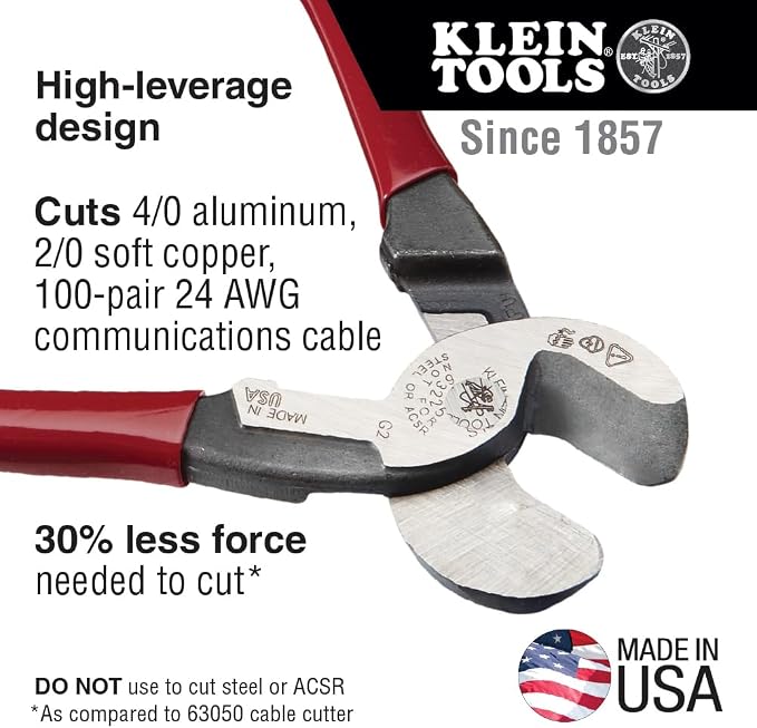 Klein Tools Cable Cutter, High Leverage Pliers Bundle - 9-Inch Aluminum Copper Cable Cutter, 8-Inch Diagonal Cutting Multi-Purpose Pliers
