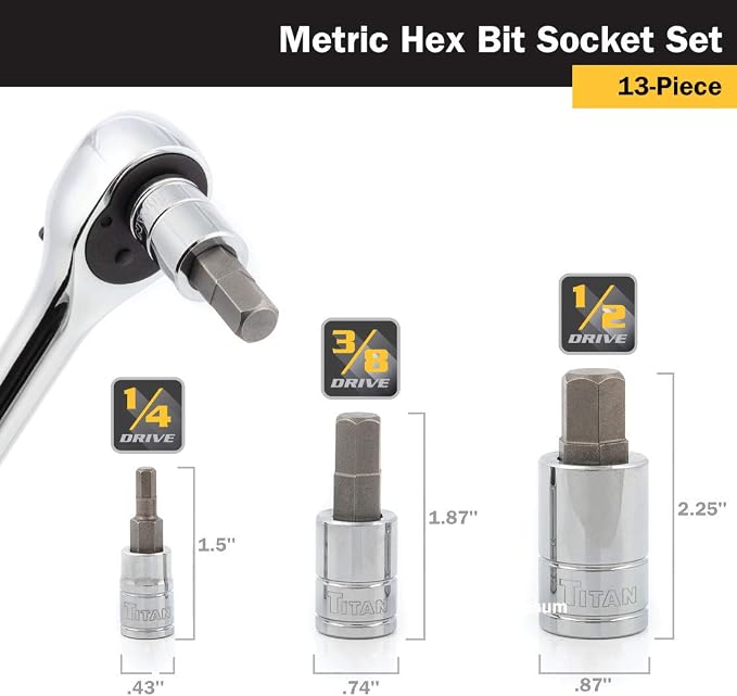 Titan 16124 13-Piece Metric Hex Bit Socket Set, Magnetic Socket Organizer with Laser-Etched Size Markings