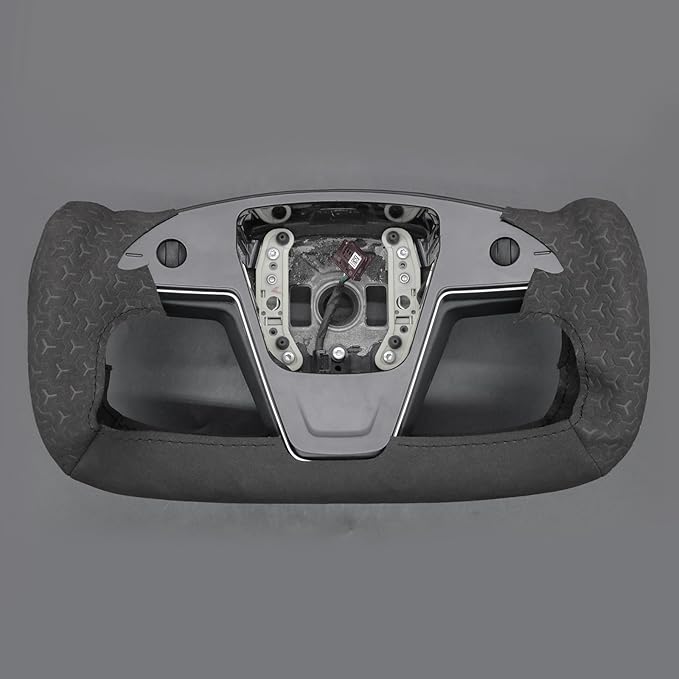 MEWANT Hand Stitch Black Smooth Geometric Embossed Suede Steering Wheel Cover for Tesla Yoke Model S 2021-2023 Model X