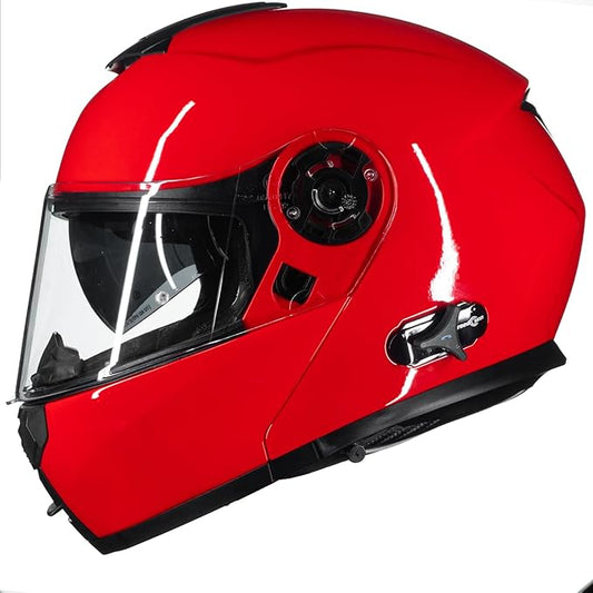 ILM Bluetooth Motorcycle Modular Helmet 2-3 Riders Intercom Flip up Full Face Helmet with Dual Visor DOT Model 159BT (Red, L)