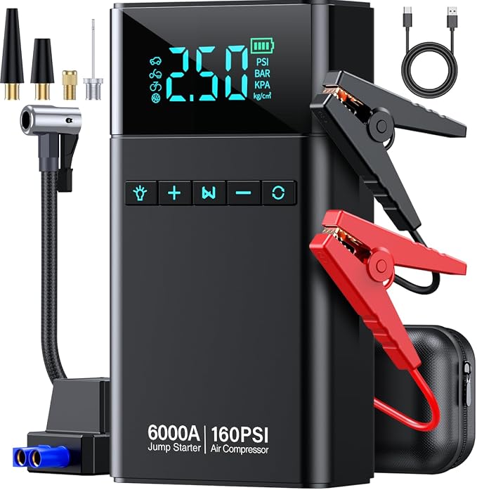 Car Battery Jump Starter with Air Compressor 6000A 160PSI, Car Jumper Starter Portable (All Gas/12L Diesel), 12V Jump Box Car Battery with Auto-Shutoff Tire Inflator, Jumper Cables and Light