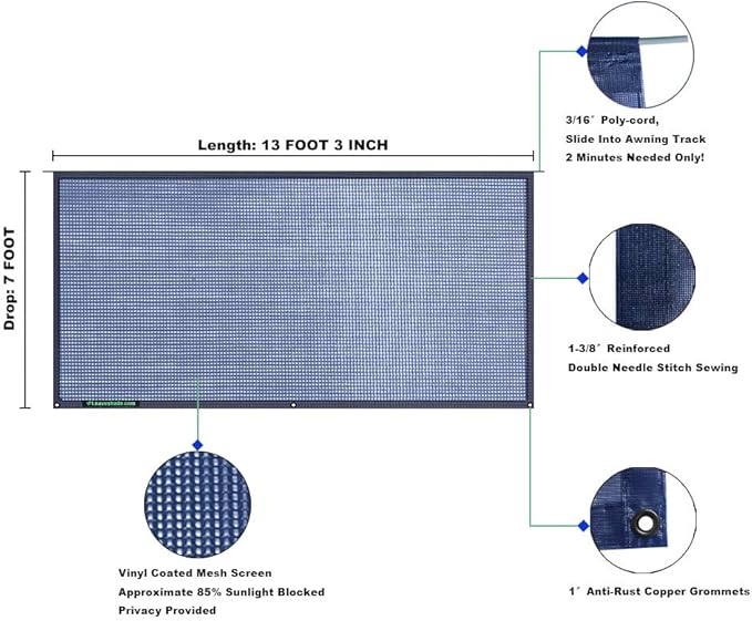Leaveshade RV Awning Sun Shade Screen 7' X 13' 3'' (Fit for 14' Awning) Mesh Sunshade for RV Awning Shadescreen Block UV Glare Motorhome Camping Trailer Awning Sunscreen - 3 Year Warranty (Navy Blue)