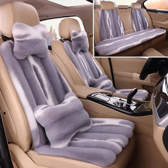 Full Set 5 Seat Fluffy Faux Rabbit Fur Car Seat Cover for Fuzzy Soft Auto Universal Car Seat Plush Vehicle Seat Protector Pad with Non-Slip Backing, Car Accessories Home and Office Chair
