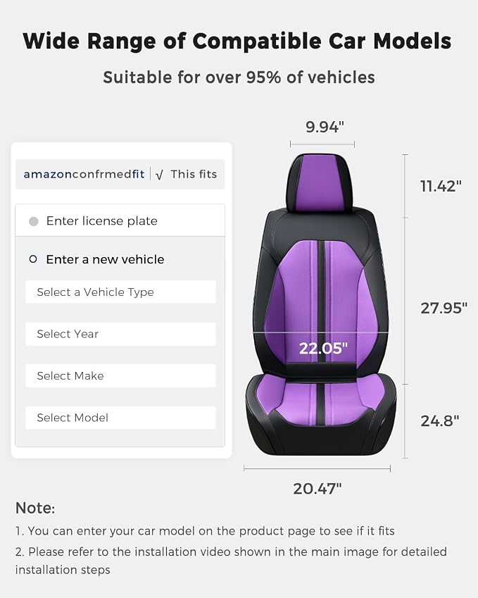 Huidasource Front Car Seat Cover, Luxury Faux Leather Leather Front Seat Covers, Compatible with Airbags, Seatbelt Buckles, Cooling＆Heating, Universal Fit for Most Cars Vans Trucks SUVs, Black＆Purple