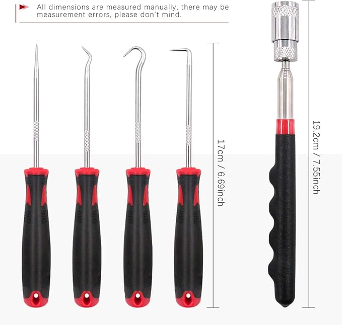 Swpeet 9Pcs Long Hook Set with Magnetic Telescoping Tool Kit, Precision Scraper Gasket Scraping Hose Removal Puller Hook Perfect for Automotive and Electronic Tools