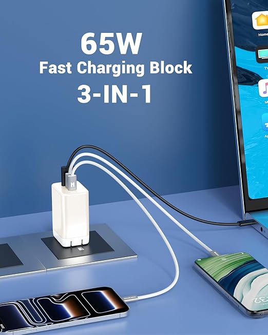 Hichain 60W USB C Cable USB Charger Block, 65 WWall Charger USB Cable, Durable Phone Charger Cord Data Transfer Cord for Phone 17/16, Tablet, Laptop, 4 FT White