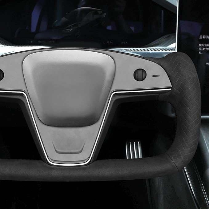 MEWANT Hand Stitch Black Smooth Woven Embossed Suede Steering Wheel Cover Wrap for Tesla Yoke Model S 2021-2023 Model X