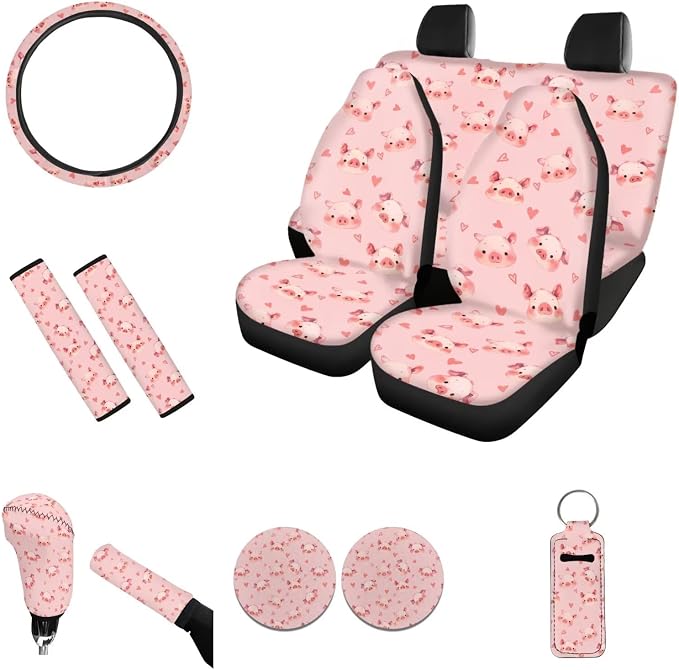 Cartoon Car Seat Covers Front Back Seat Full Set Keychain for Car Keys Gear Shift Cover Stylish Vehicle Cup Holder Coasters Rear Backrest Seat Covers Seat Belt Cover, Pig Pink