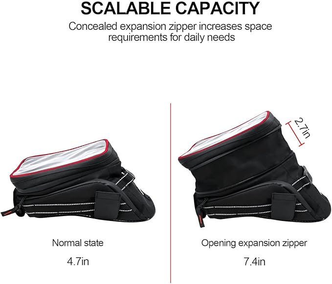 Motorcycle Tank Bag w/Strap Storage Bag Compatible with Honda Yamaha Suzuki Kawasaki Harley Water Resistant (Red Piping)